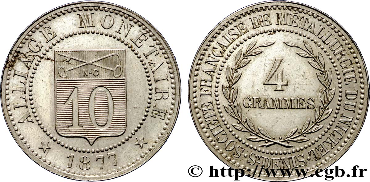 Essai d’alliage de 10 centimes 1877  VG.3897  SUP 