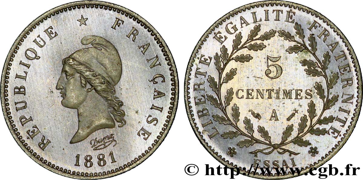 Essai de 5 centimes d’après Dupré, sur flan rond 1881 Paris VG.3972  MS 