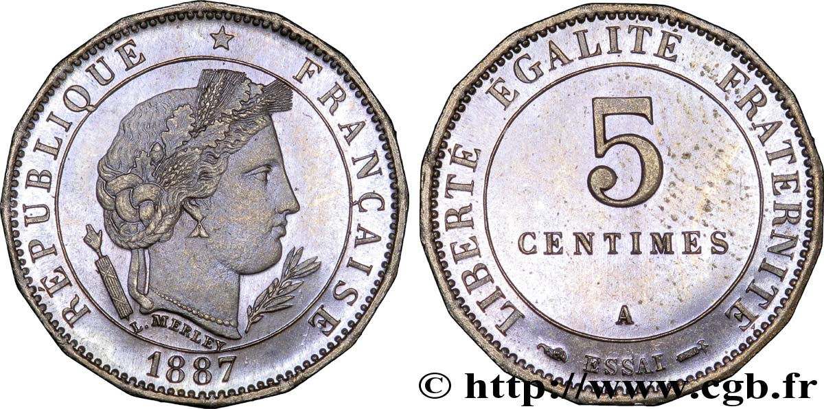Essai de 5 centimes Merley, 16 pans 1887 Paris VG.4057  SPL 
