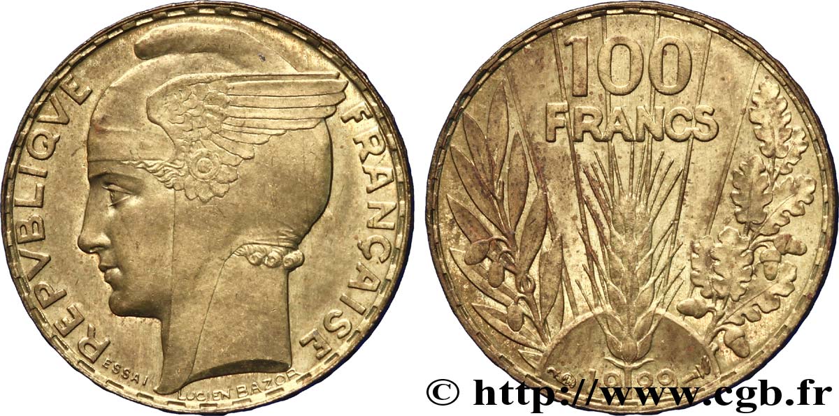 Concours de 100 francs or, essai de Bazor en bronze-aluminium 1929 Paris VG.5216 var. SUP 