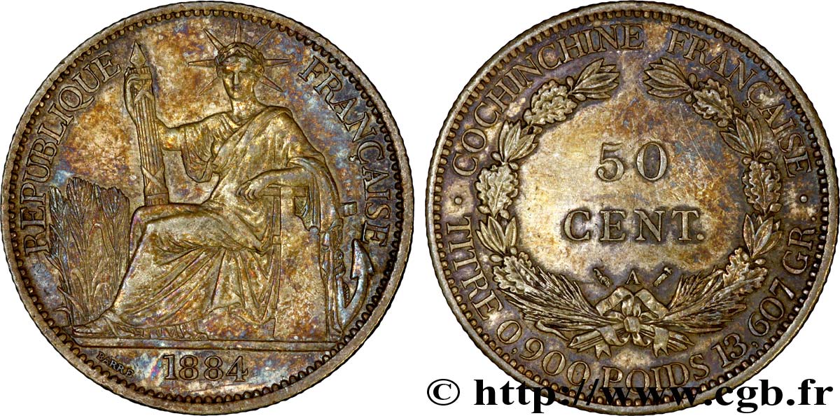 FRENCH COCHINCHINA 50 centimes Cochinchine 1884 Paris AU 