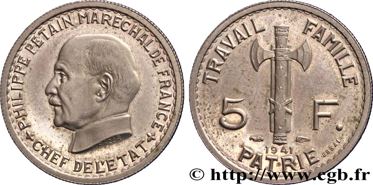 Essai de 5 francs Pétain 1941  F.338/1 SC 