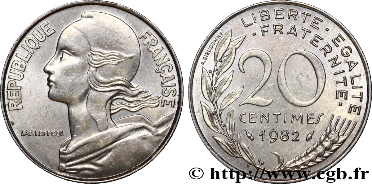 20 centimes Marianne, erreur de flan 1982 Pessac F.156/22 var. EBC 