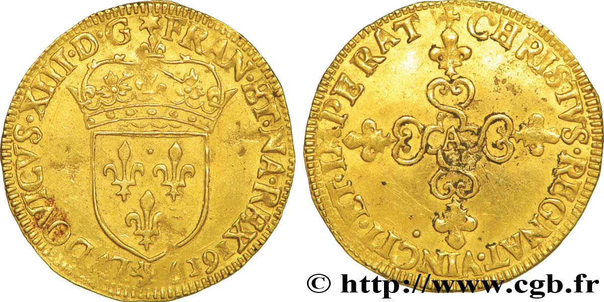 LOUIS XIII  Écu d or au soleil, à la croix anillée fleurdelisée 1615 Paris MBC+/MBC