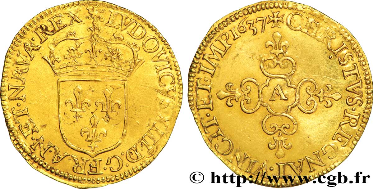 LOUIS XIII LE JUSTE Écu d or au soleil, à la croix anillée fleurdelisée 1637 Paris TTB/SUP