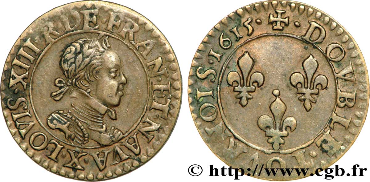 LOUIS XIII LE JUSTE Double tournois, type 2 1615 Amiens TTB+