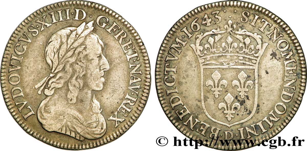 LOUIS XIII LE JUSTE Quart d écu d argent, 3e type, 2e poinçon, portrait de Lyon 1643 Lyon TTB