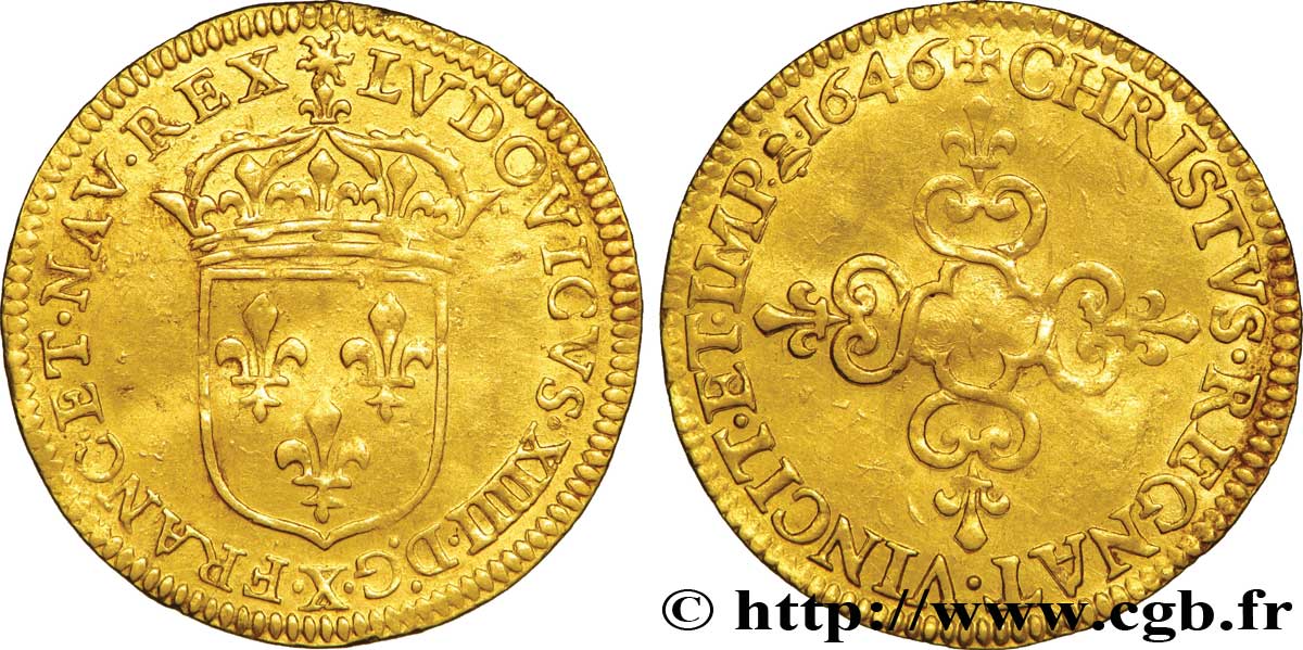 LOUIS XIV  THE SUN KING  Écu d or au soleil, à la croix anillée fleurdelisée 1646 Amiens MBC+