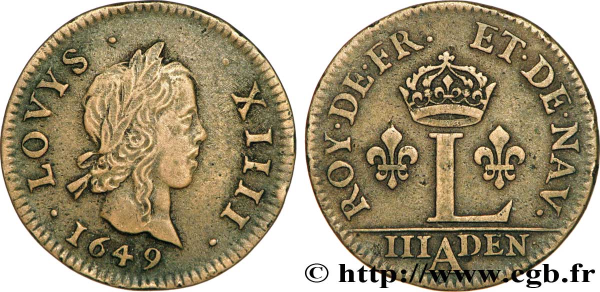 LOUIS XIV LE GRAND OU LE ROI SOLEIL Liard à l’L couronnée 1649 Paris TTB