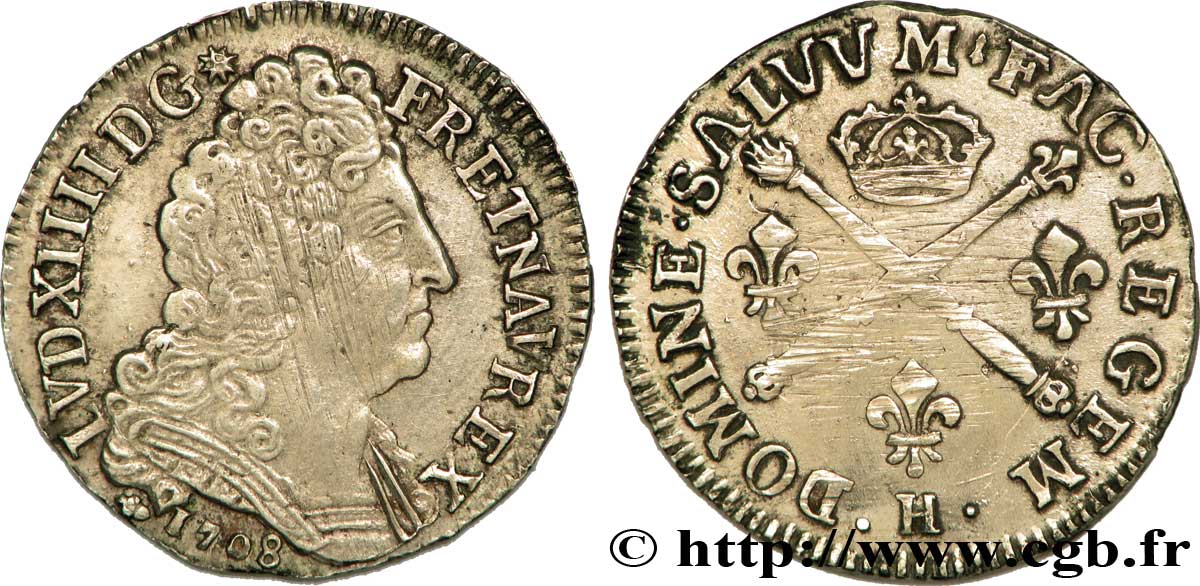LOUIS XIV LE GRAND OU LE ROI SOLEIL Vingt sols aux insignes 1708 La Rochelle TTB