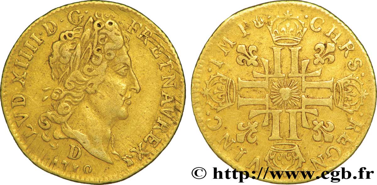 LOUIS XIV LE GRAND OU LE ROI SOLEIL Demi-louis d or au soleil 1710 Lyon TTB