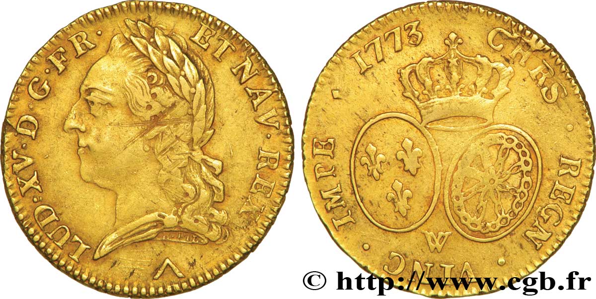 LOUIS XV  THE WELL-BELOVED  Double louis d or aux écus ovales, buste lauré 1773 Lille MBC