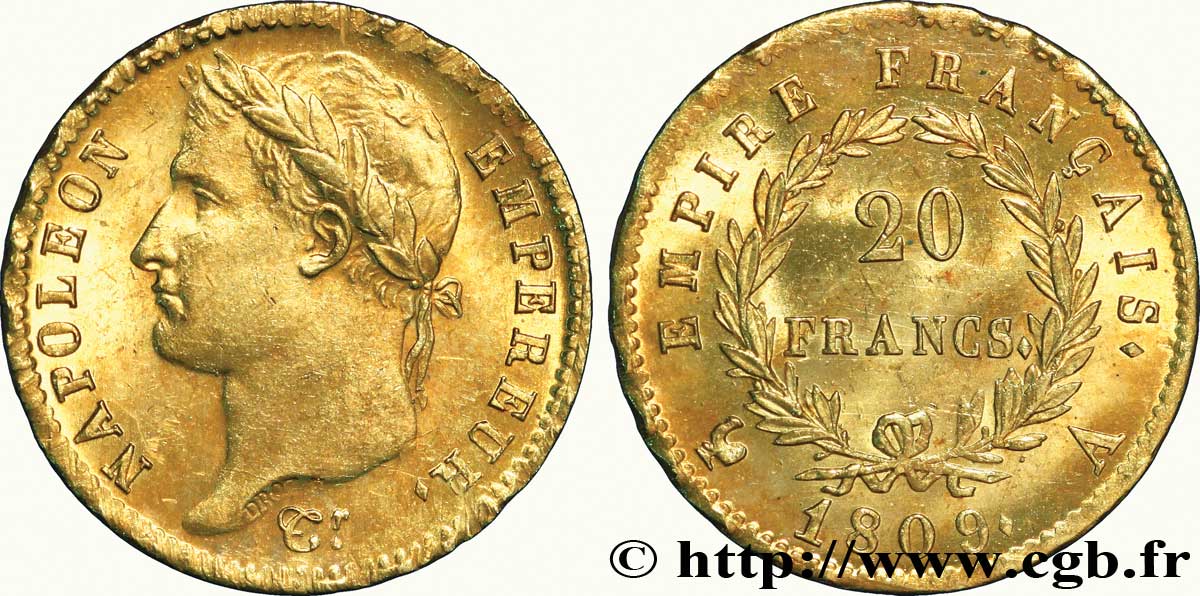20 francs or Napoléon tête laurée, Empire français 1809 Paris F.516/1 MS 