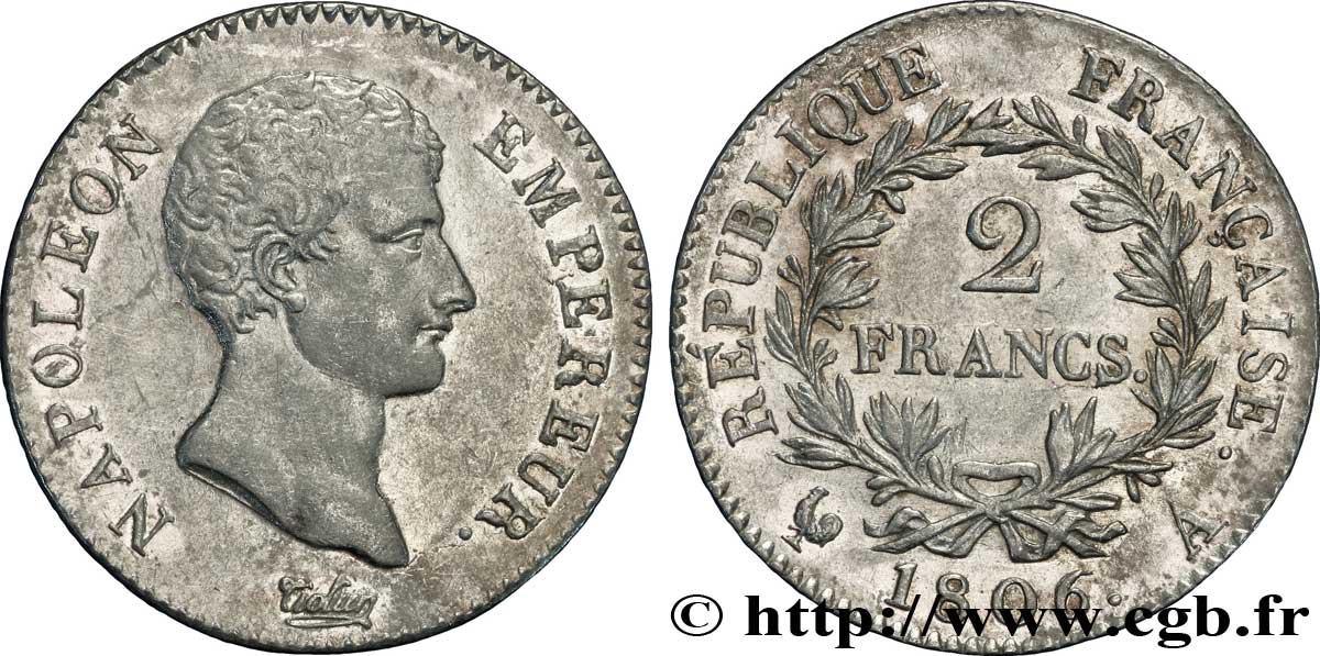 2 francs Napoléon Empereur, Calendrier grégorien 1806 Paris F.252/1 SUP 