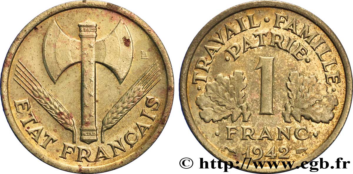 1 franc Francisque, lourde, frappe fautée sur flan de Morlon 1942  F.222/3 var. XF 