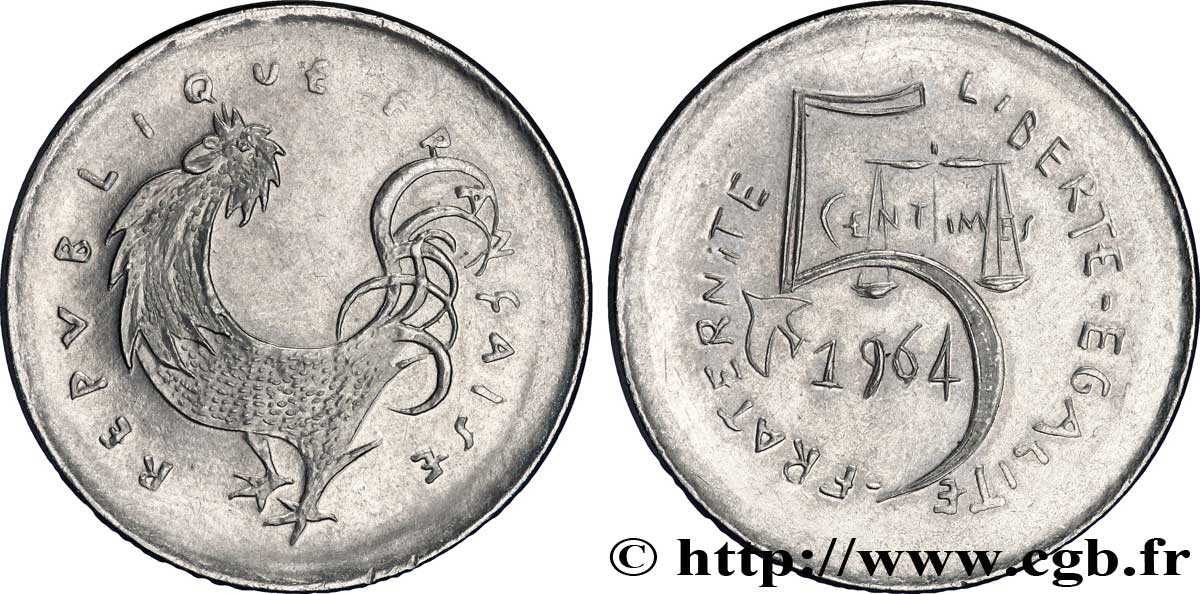 5 centimes, second projet de Joly, grand module, frappe artisanale 1964 Paris G.173  var. fST 