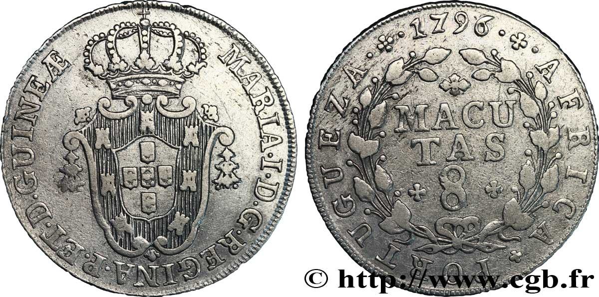 ANGOLA - MARIA I 8 macutas 1796  VF 