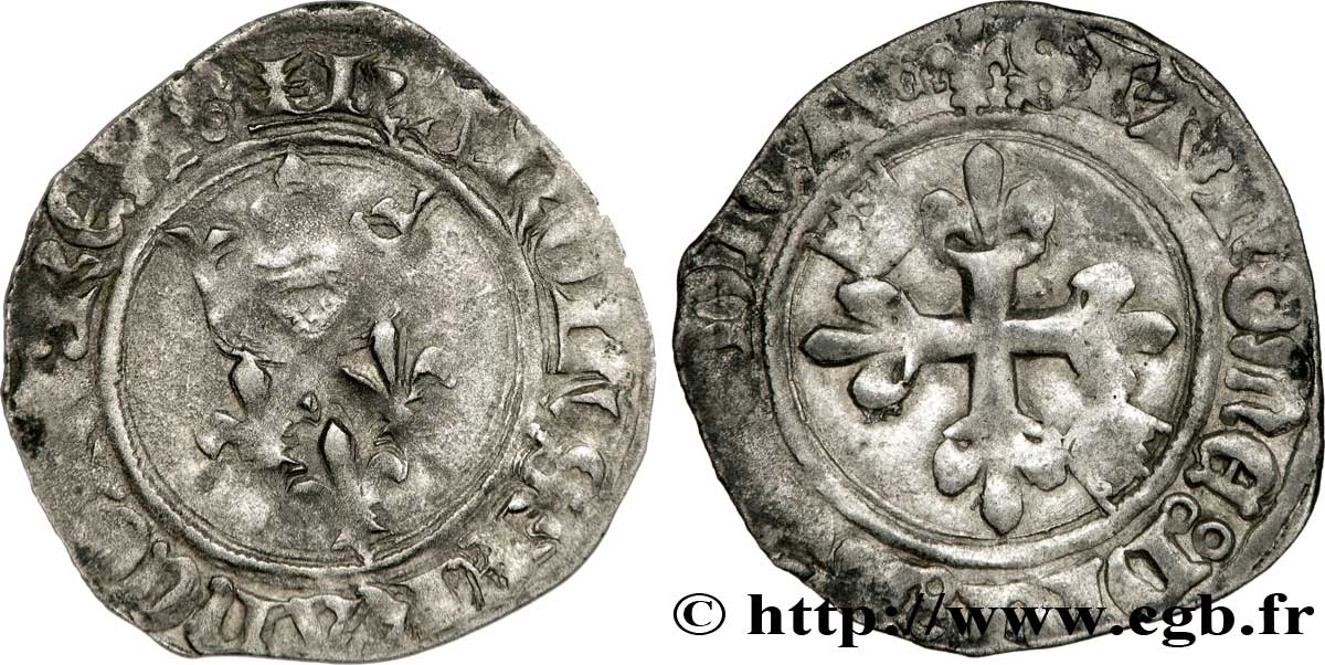 HEIR APPARENT, CHARLES, REGENCY - COINAGE IN THE NAME OF CHARLES VI Gros dit  florette  n.d. Mont-Saint-Michel XF