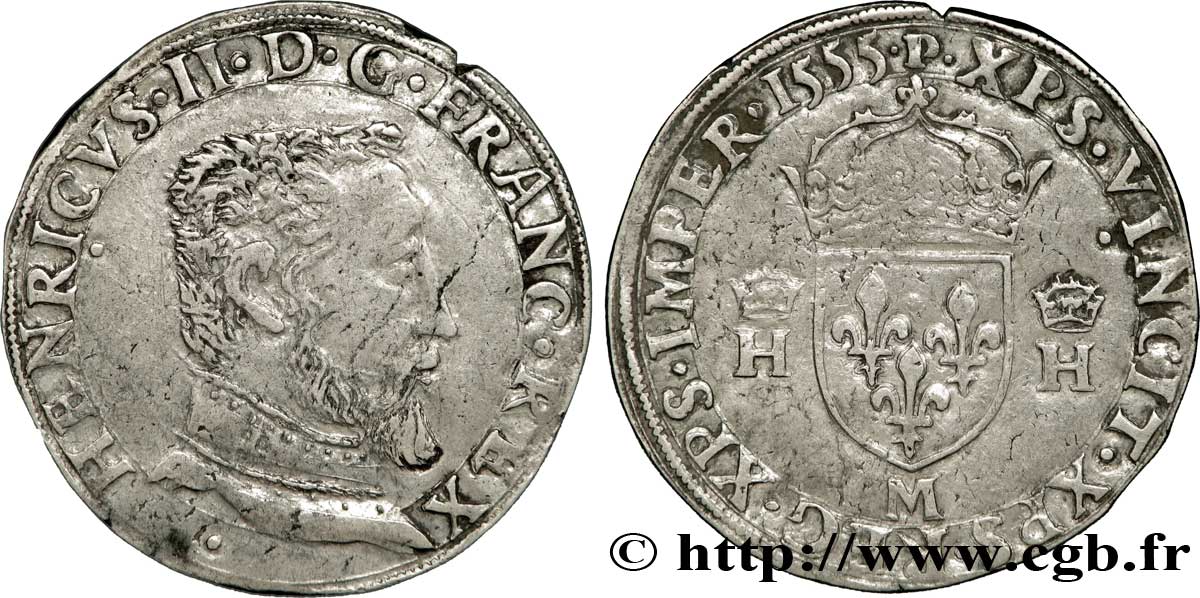 HENRI II Teston à la tête nue, 5e type 1555 Toulouse TTB