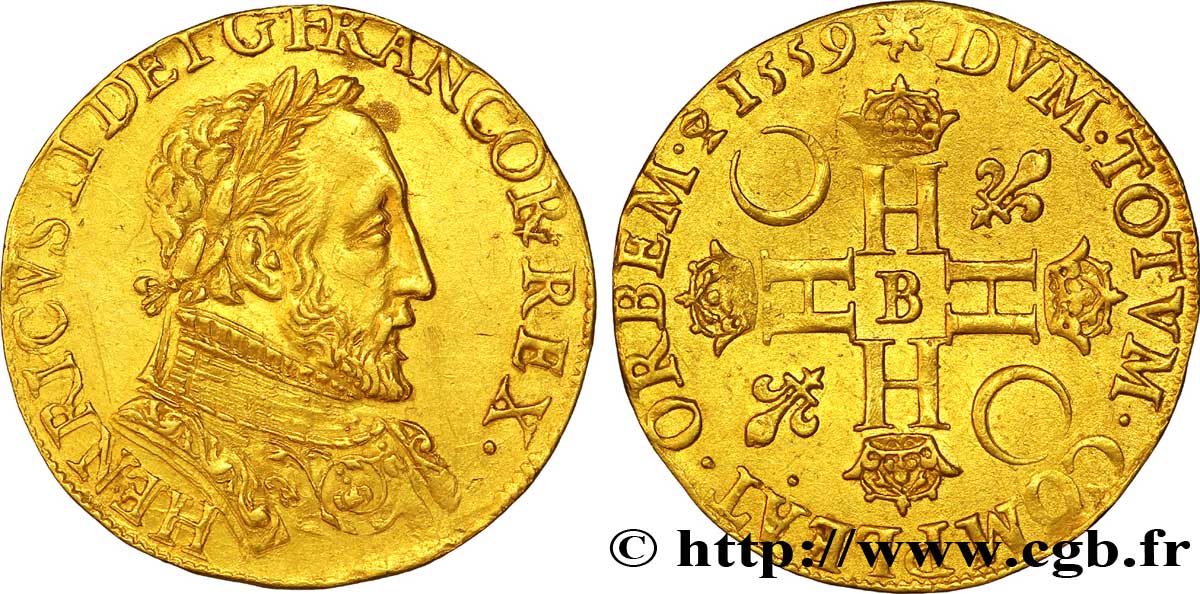 FRANÇOIS II. MONNAYAGE AU NOM D HENRI II Double henri d or, 3e type 1559 Rouen SUP