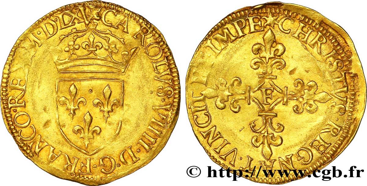 CHARLES IX Écu d or au soleil, 1er type 1565 Angers TTB/TTB+