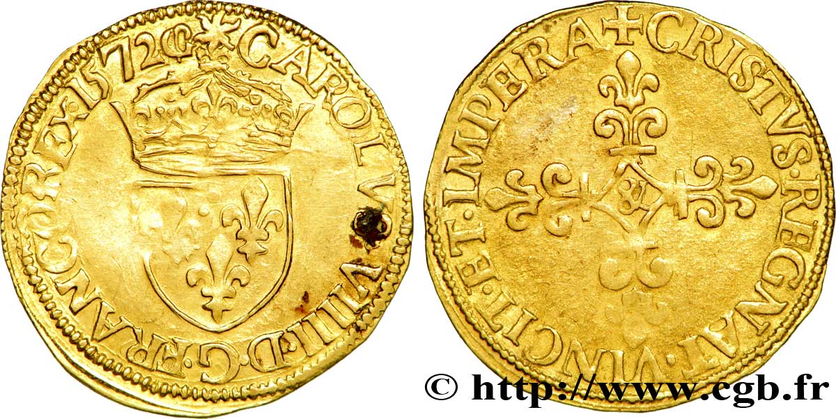 CHARLES IX Écu d or au soleil, 1er type 1572 Aix-en-Provence XF