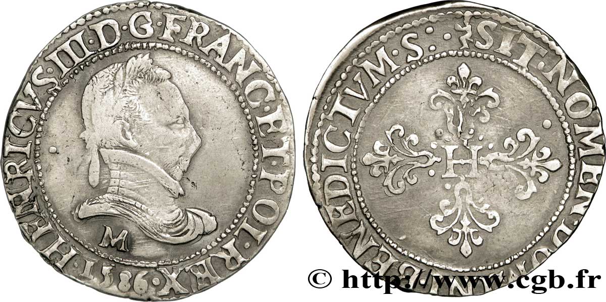 HENRY III Franc au col plat 1586 Toulouse XF