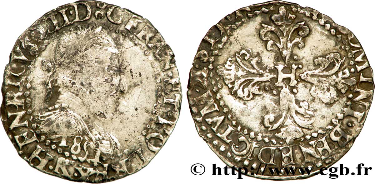 HENRY III Quart de franc au col plat, variété avec millésime retourné 1581 Bordeaux fSS