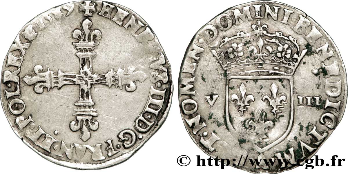 HENRY III Huitième d écu, croix de face 1589 Paris SS