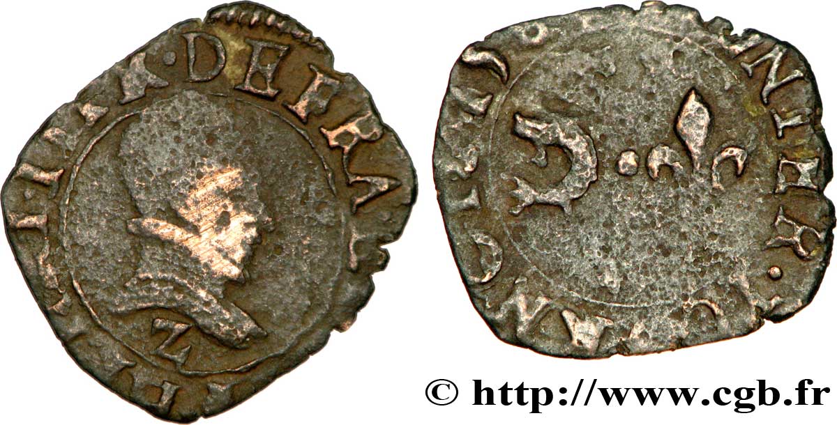 HENRY III Denier tournois, type du Dauphiné 1585 Grenoble S