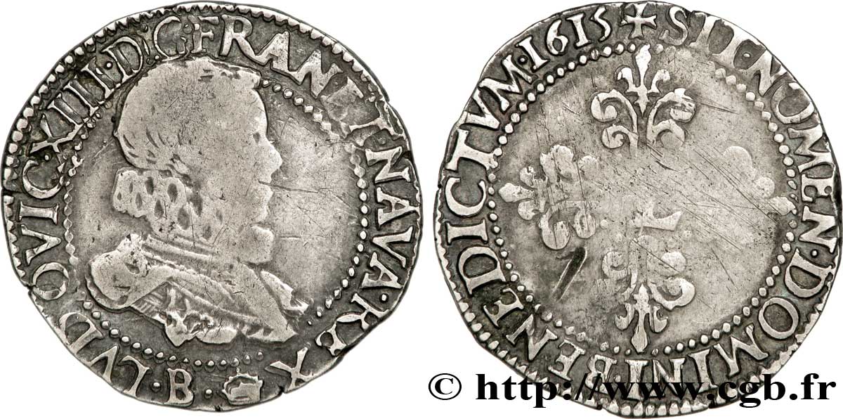 LOUIS XIII LE JUSTE Demi-franc au buste adolescent de Rouen au buste de Paris 1615 Rouen TB+