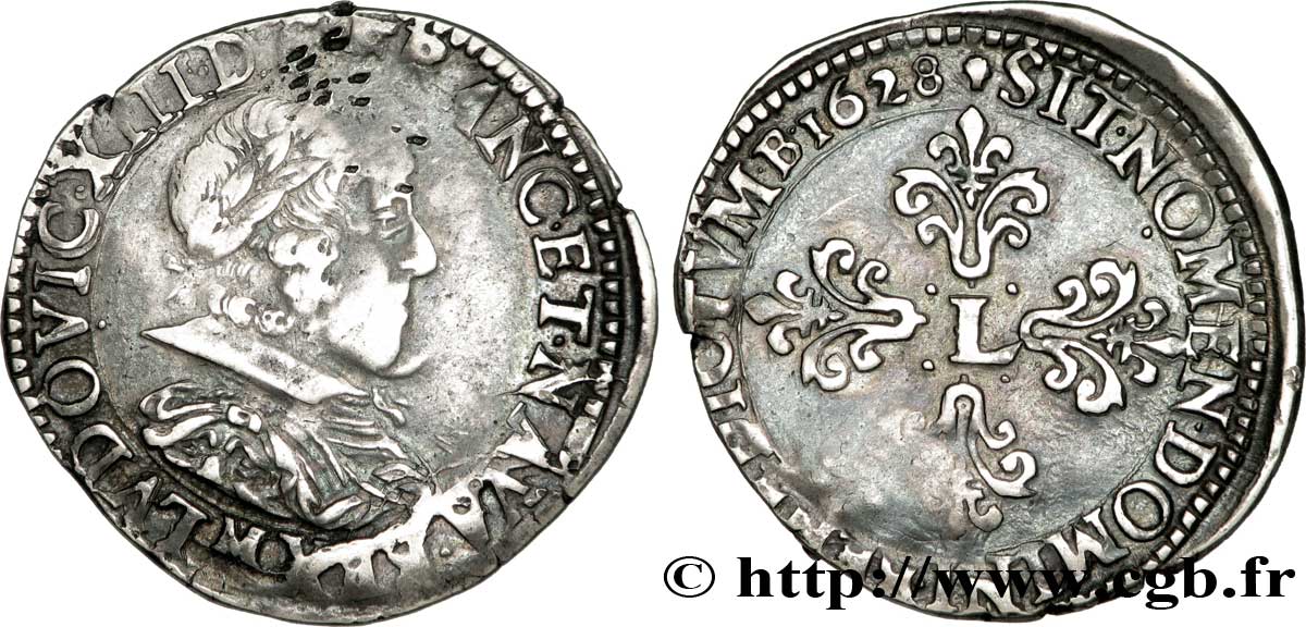 LOUIS XIII LE JUSTE Demi-franc au buste juvénile lauré au petit col plat 1628 Toulouse TB+/TTB