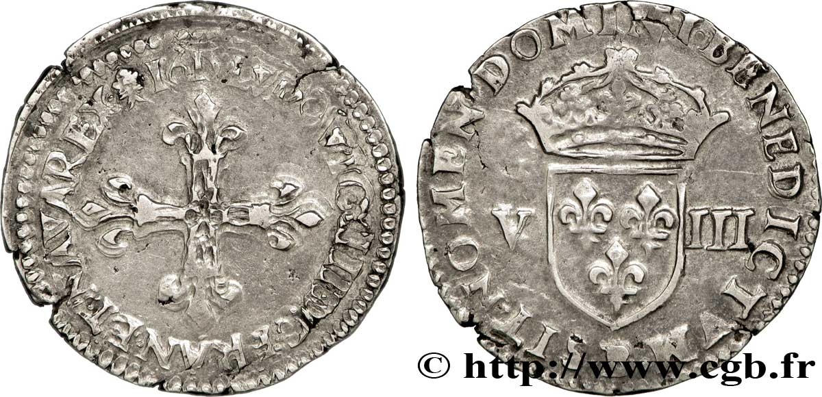 LOUIS XIII  Huitième d écu, à la croix fleurdelisée, titulature côté croix 1615 Rouen MB/BB
