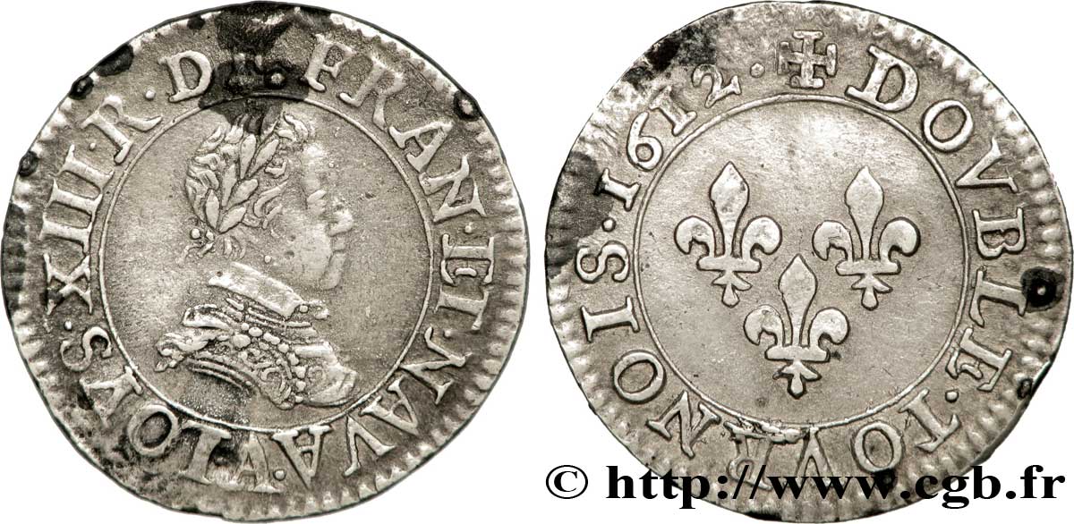 LOUIS XIII  Double tournois, type 1, en argent 1612 Paris, Moulin du Louvre SS