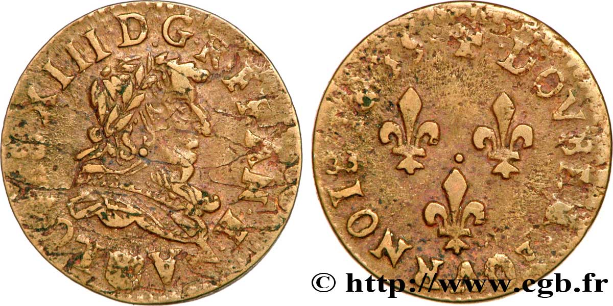 LOUIS XIII LE JUSTE Double tournois, type 1 1635 Saint-Palais TTB/TB+