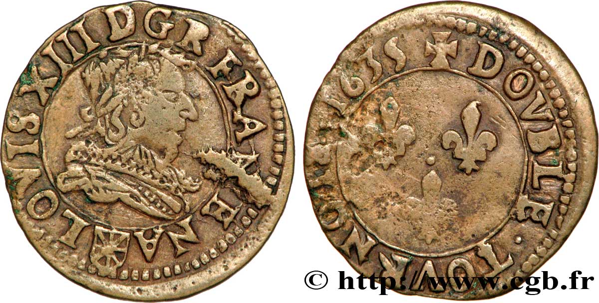 LOUIS XIII Double tournois de Navarre, type 1, au petit buste 1635 Saint-Palais XF/VF