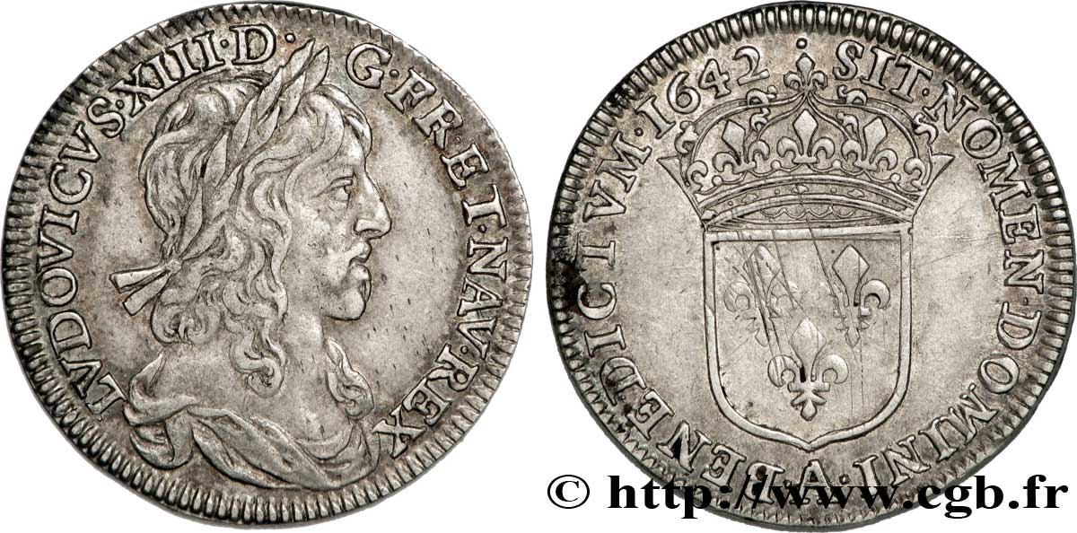 LOUIS XIII LE JUSTE Quart d écu d argent, 2e type, 1er poinçon de Warin 1642 Paris, Monnaie du Louvre TTB+/TTB