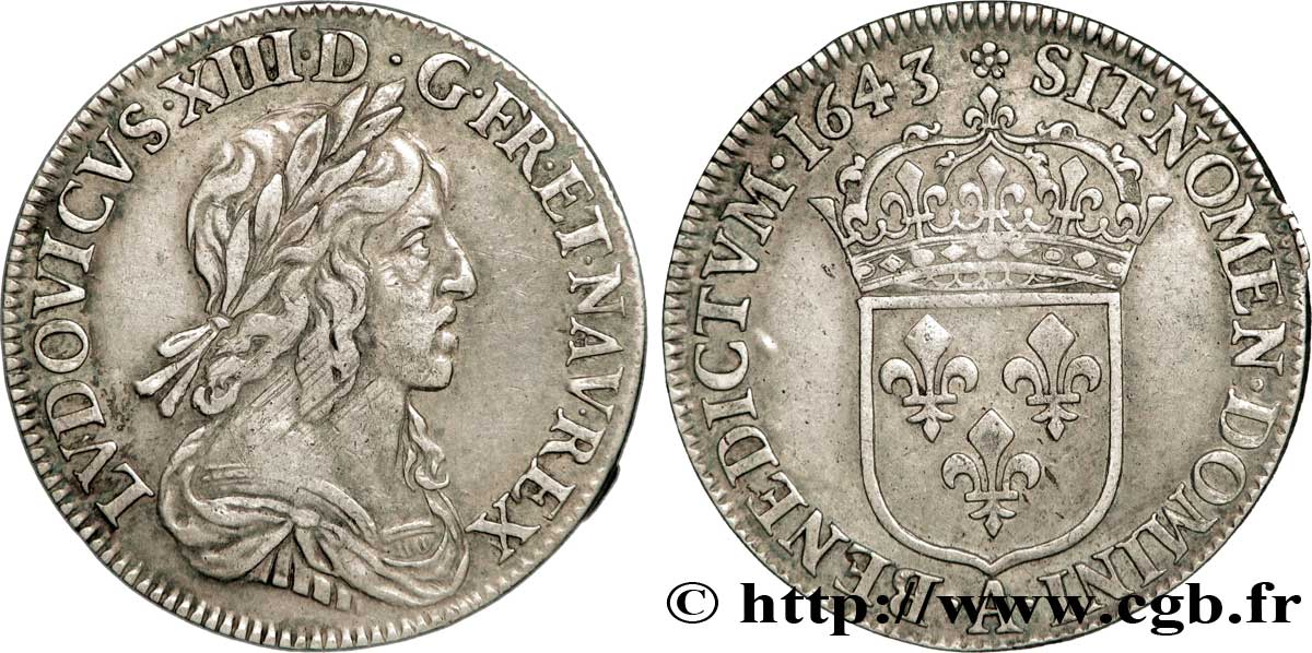 LOUIS XIII LE JUSTE Quart d écu d argent, 3e type, 2e poinçon de Warin 1643 Paris, Monnaie de Matignon TTB