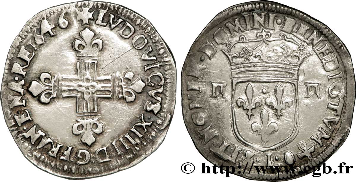 LOUIS XIV LE GRAND OU LE ROI SOLEIL Quart d&nbsp;écu, 1er type 1646 Bayonne TTB+/TTB