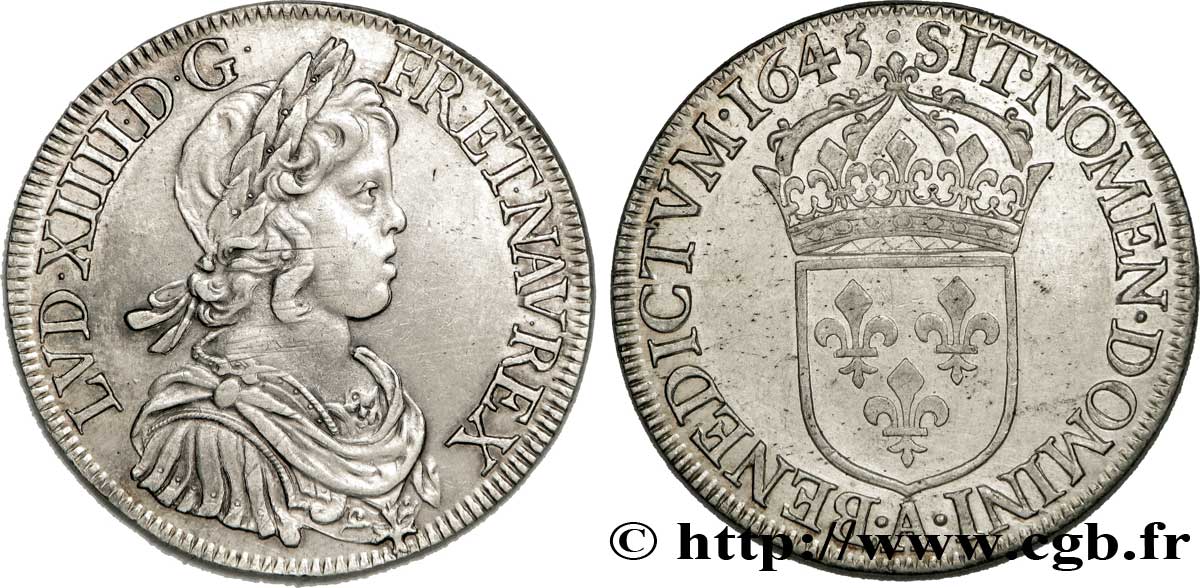 LOUIS XIV LE GRAND OU LE ROI SOLEIL Écu à la mèche courte 1645 Paris, Monnaie du Louvre TTB/TTB+