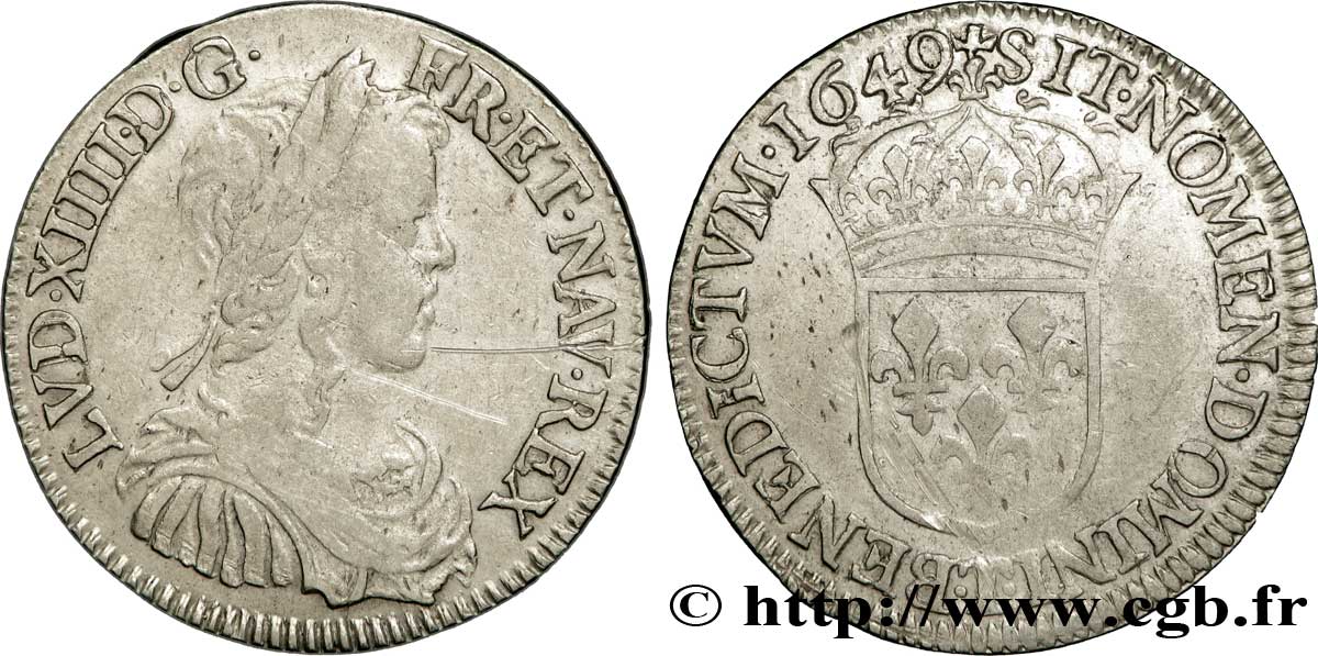 LOUIS XIV  THE SUN KING  Demi-écu à la mèche longue 1649 Nantes fSS