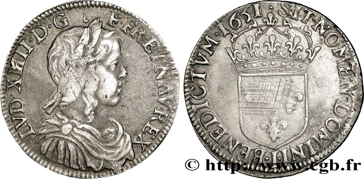 LOUIS XIV  THE SUN KING  Demi-écu à la mèche longue 1651 Limoges VF