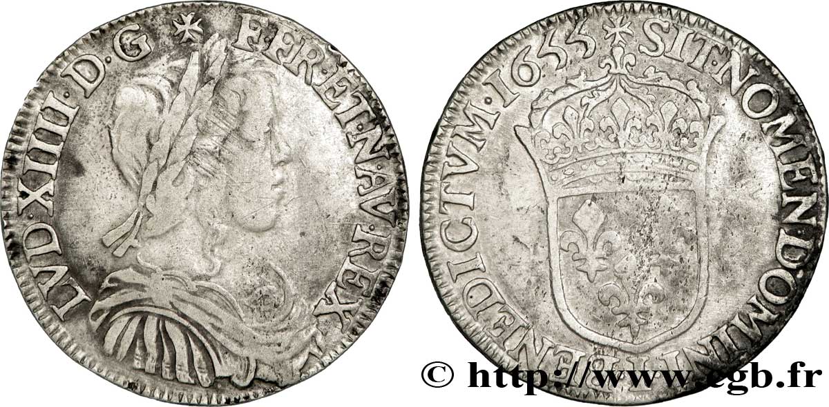 LOUIS XIV  THE SUN KING  Demi-écu à la mèche longue 1655 Limoges VF