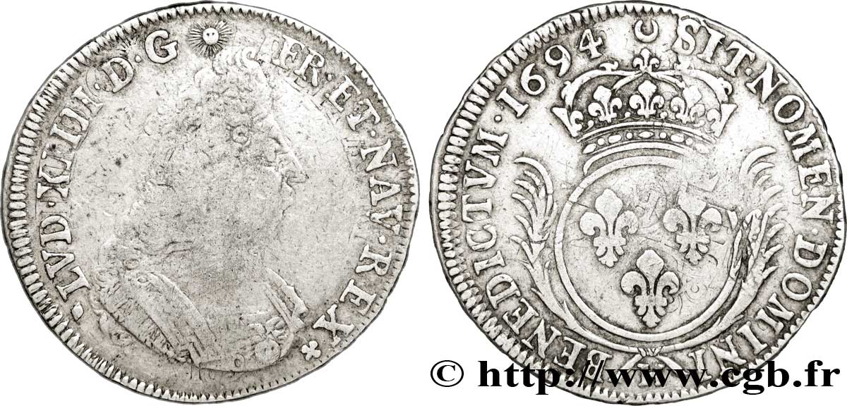 LOUIS XIV LE GRAND OU LE ROI SOLEIL Écu aux palmes 1694 La Rochelle TB+