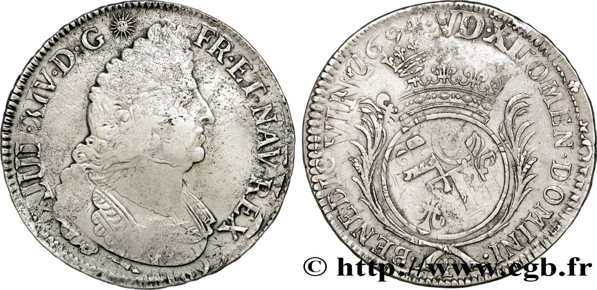 LOUIS XIV LE GRAND OU LE ROI SOLEIL Écu aux palmes 1694 Dijon TB+