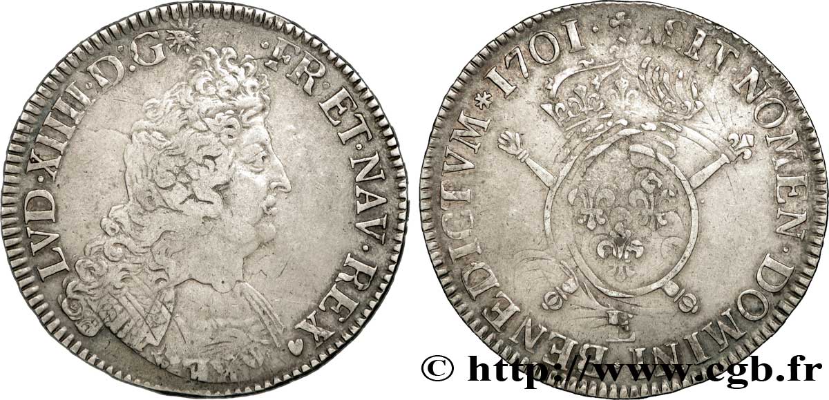 LOUIS XIV LE GRAND OU LE ROI SOLEIL Écu aux insignes 1701 Tours TTB/TB+