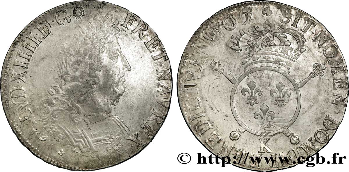 LOUIS XIV  THE SUN KING  Écu aux insignes 1702 Bordeaux XF