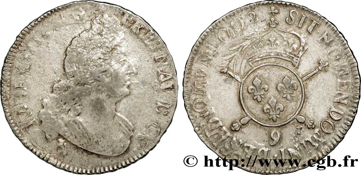 LOUIS XIV LE GRAND OU LE ROI SOLEIL Demi-écu aux insignes 1702 Rennes TB/TTB+