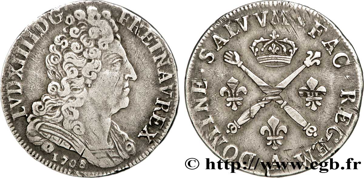 LOUIS XIV LE GRAND OU LE ROI SOLEIL Vingt sols aux insignes 1708 Paris TTB