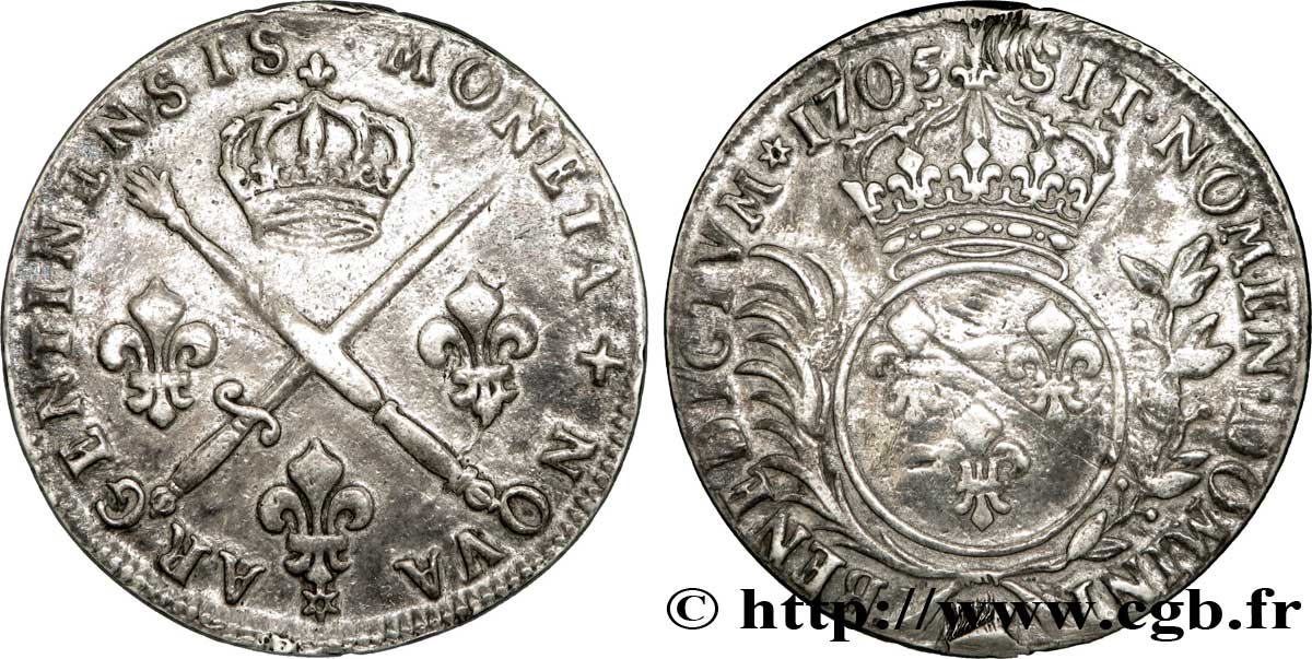 LOUIS XIV LE GRAND OU LE ROI SOLEIL Trente-trois sols aux insignes 1705 Strasbourg TTB